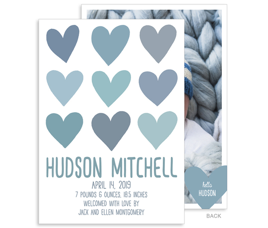 Blue Hearts Photo Birth Announcements